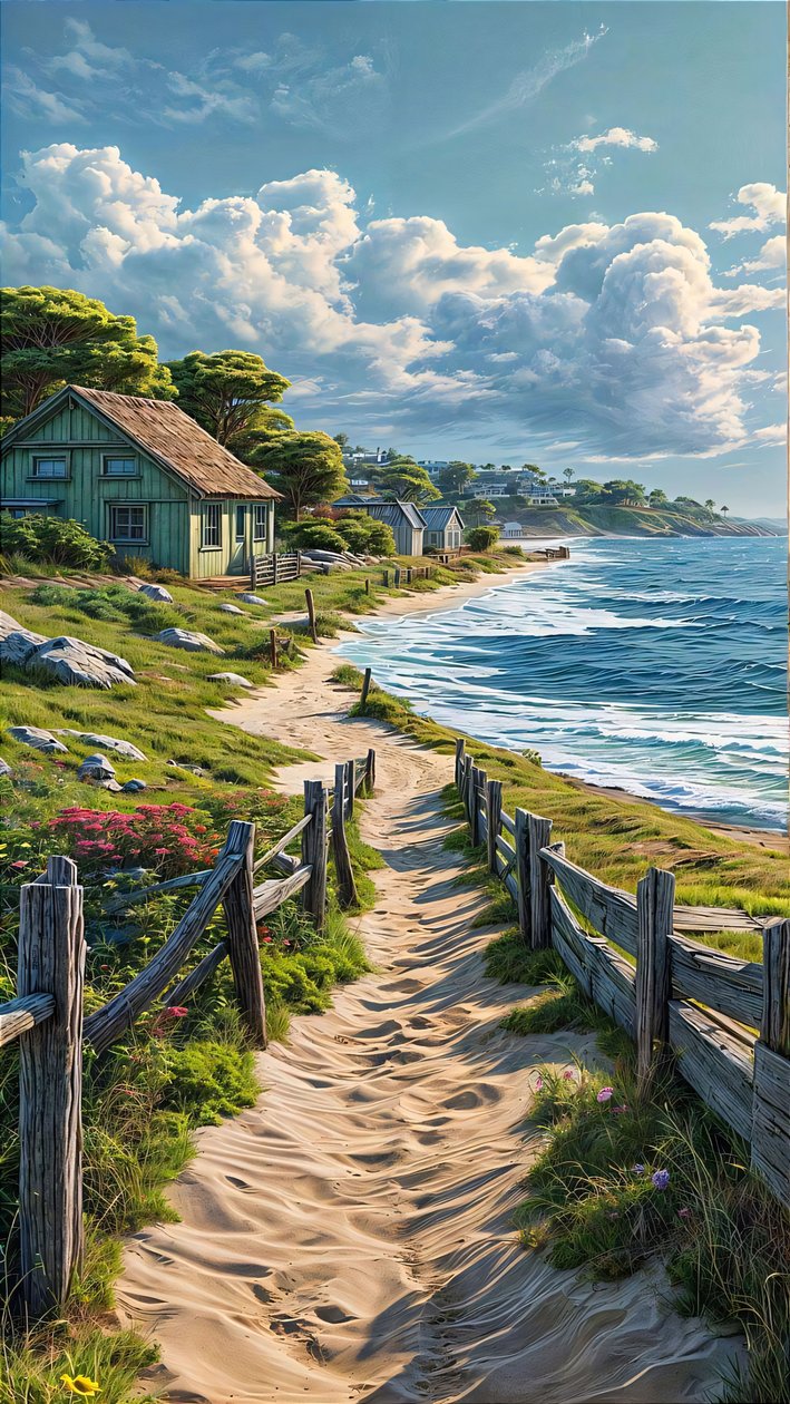 Sandy path leads to a small village by the sea by F. Abderrahim