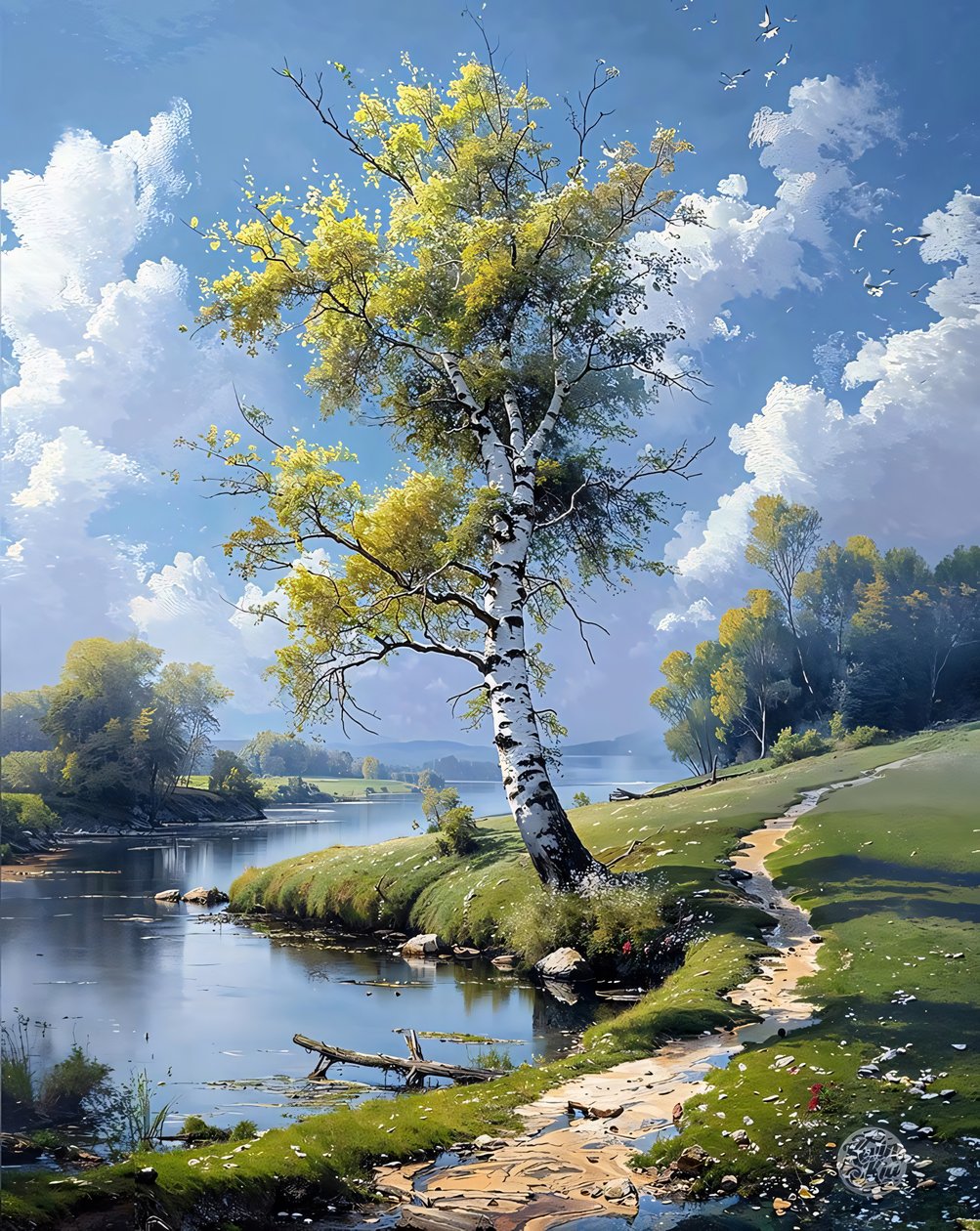 Trees and river, calm water surface extending to the horizon by F. Abderrahim
