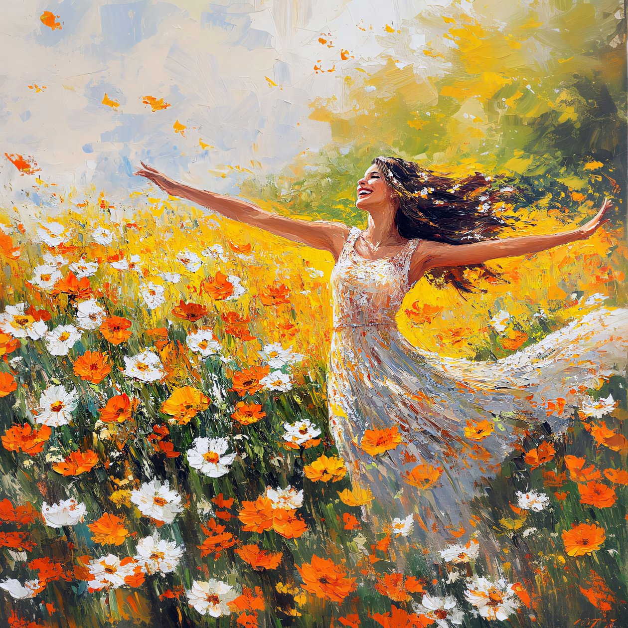 Woman smiling and dancing in a flower meadow by F. Abderrahim