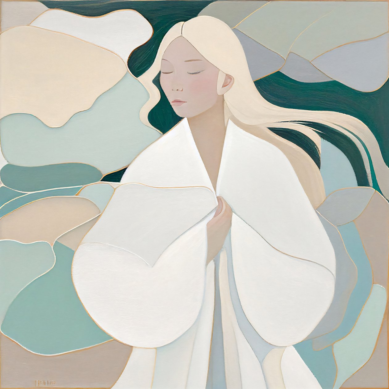 Abstract Depiction of a Fair-Haired Woman in White by F. Abderrahim