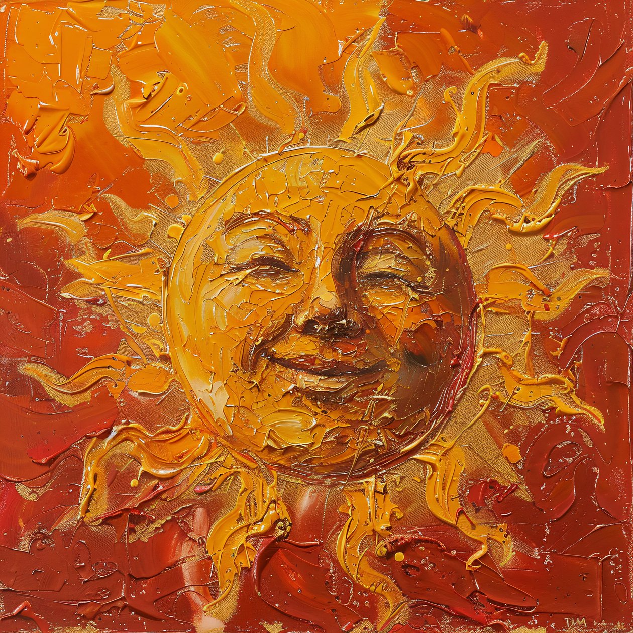 A chubby sun painted on a red and veiled background by F. Abderrahim