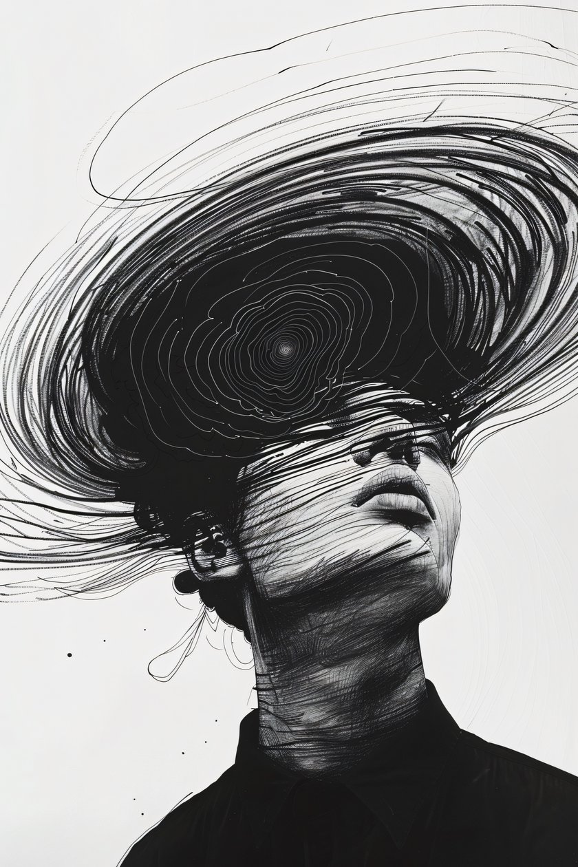 Minimalist Drawing Sketch, Man in Depression Vortex by F. Abderrahim