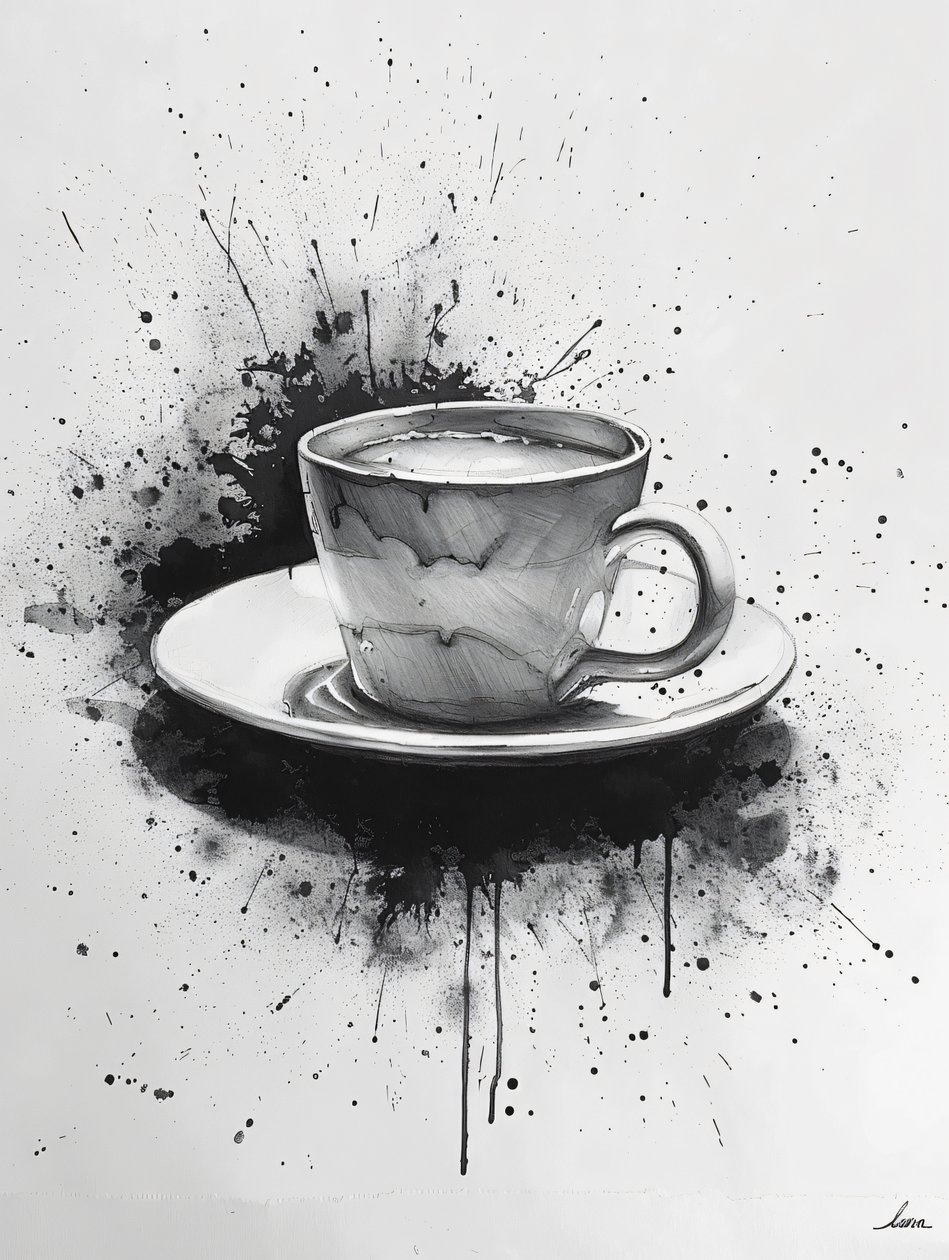 Minimalist Single-Line Noir Scene with Coffee Stain Highlights by F. Abderrahim
