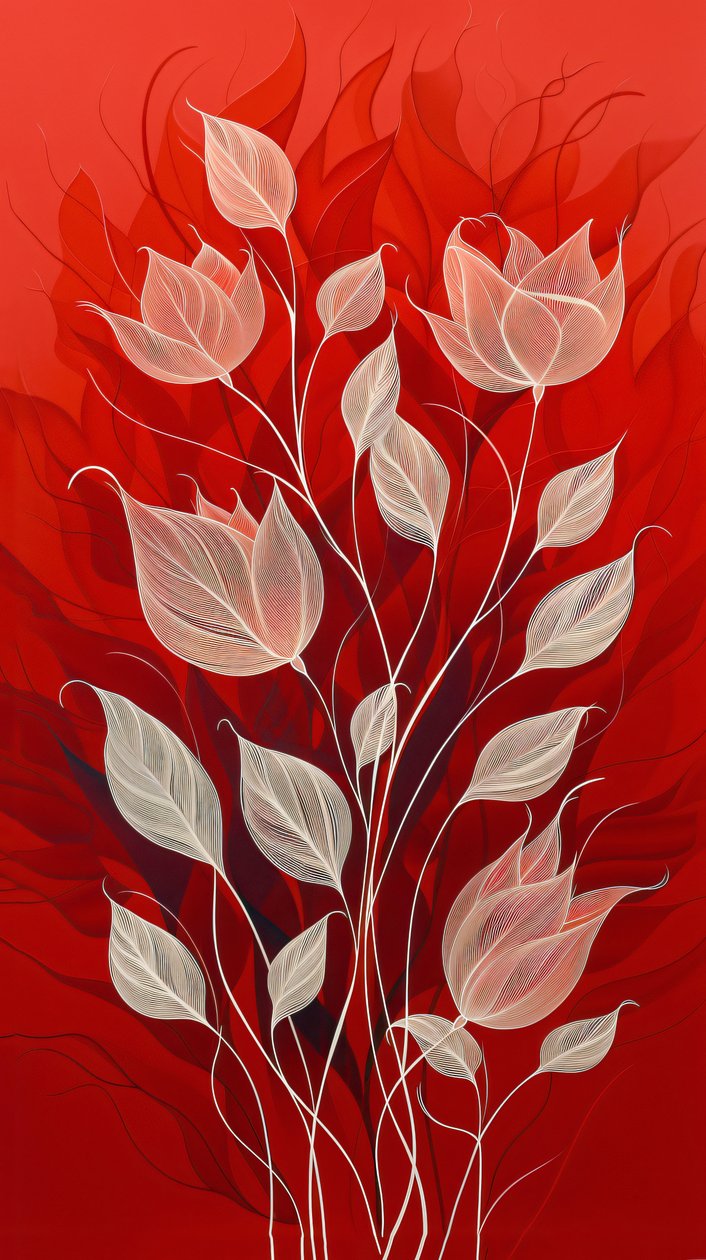 Plants and Flowers Drawn in White on a Red Background by F. Abderrahim