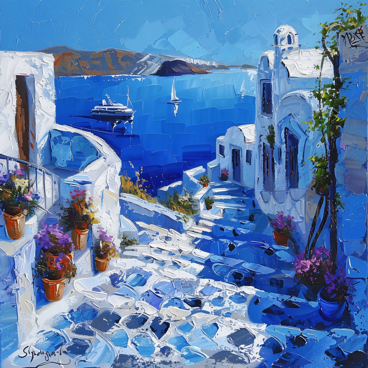 Santorini with Beautiful Street Lamps by F. Abderrahim