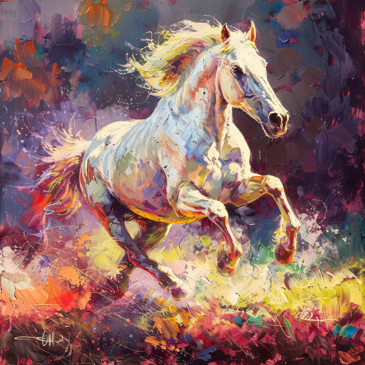 Vibrant Rendering of a White Stallion Galloping by F. Abderrahim