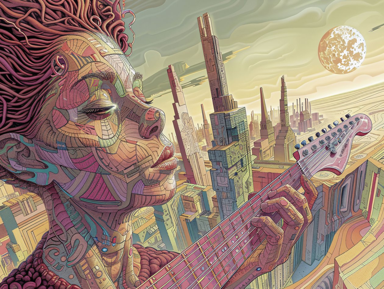 Young Man Playing Music in a Surreal Futuristic Scene by F. Abderrahim