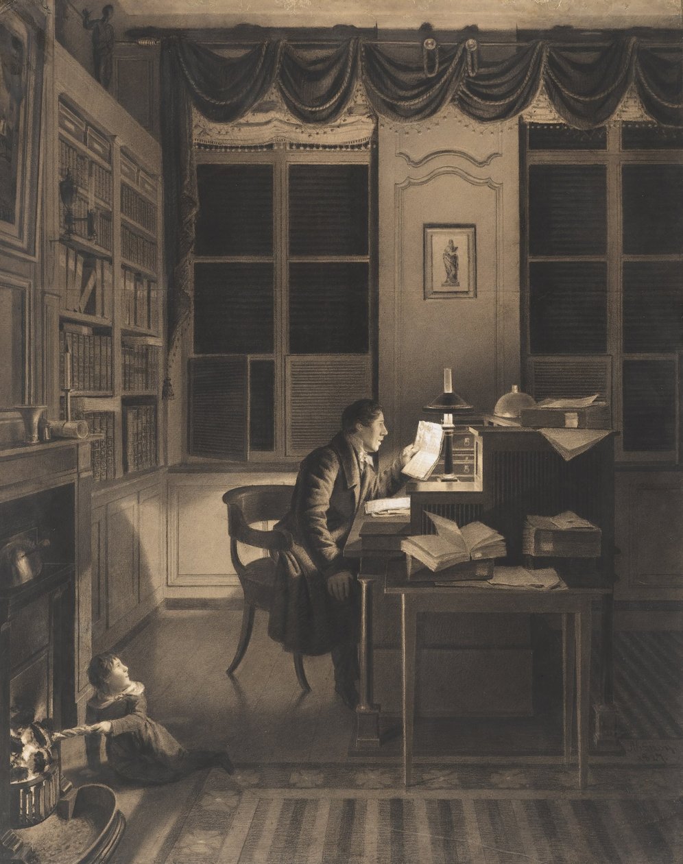 Interior with a Man Reading at His Desk by A. L. Leroy
