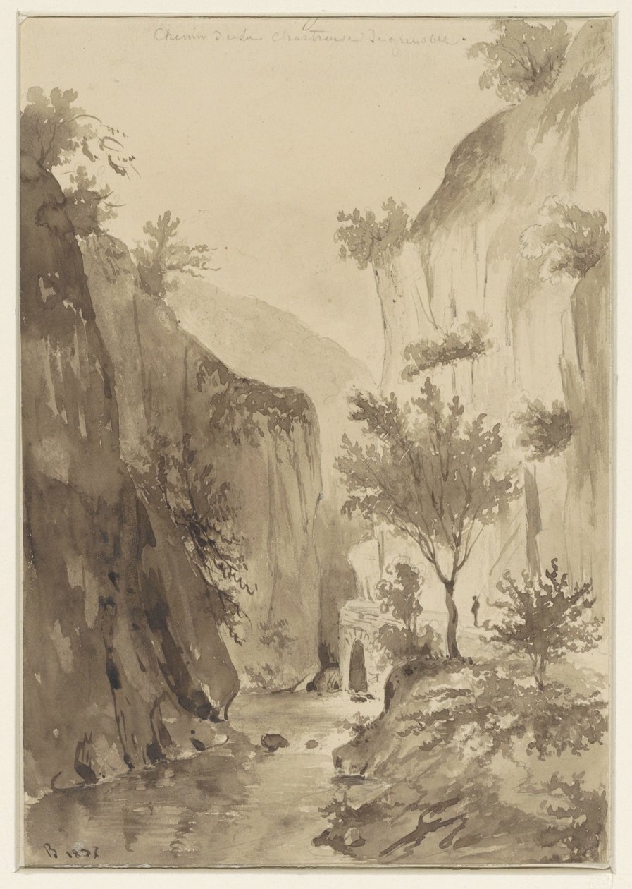 River Between Vegetated Rocks; Road on the Right by A. Regnier