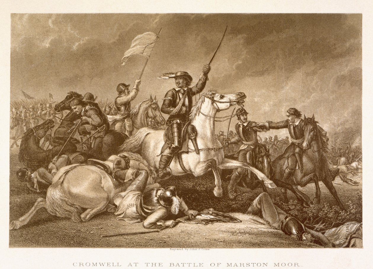 Cromwell leading the charge after being wounded in his right arm at the Battle of Marston Moor, July 2nd 1644, engraved by John Crew by Abraham Cooper