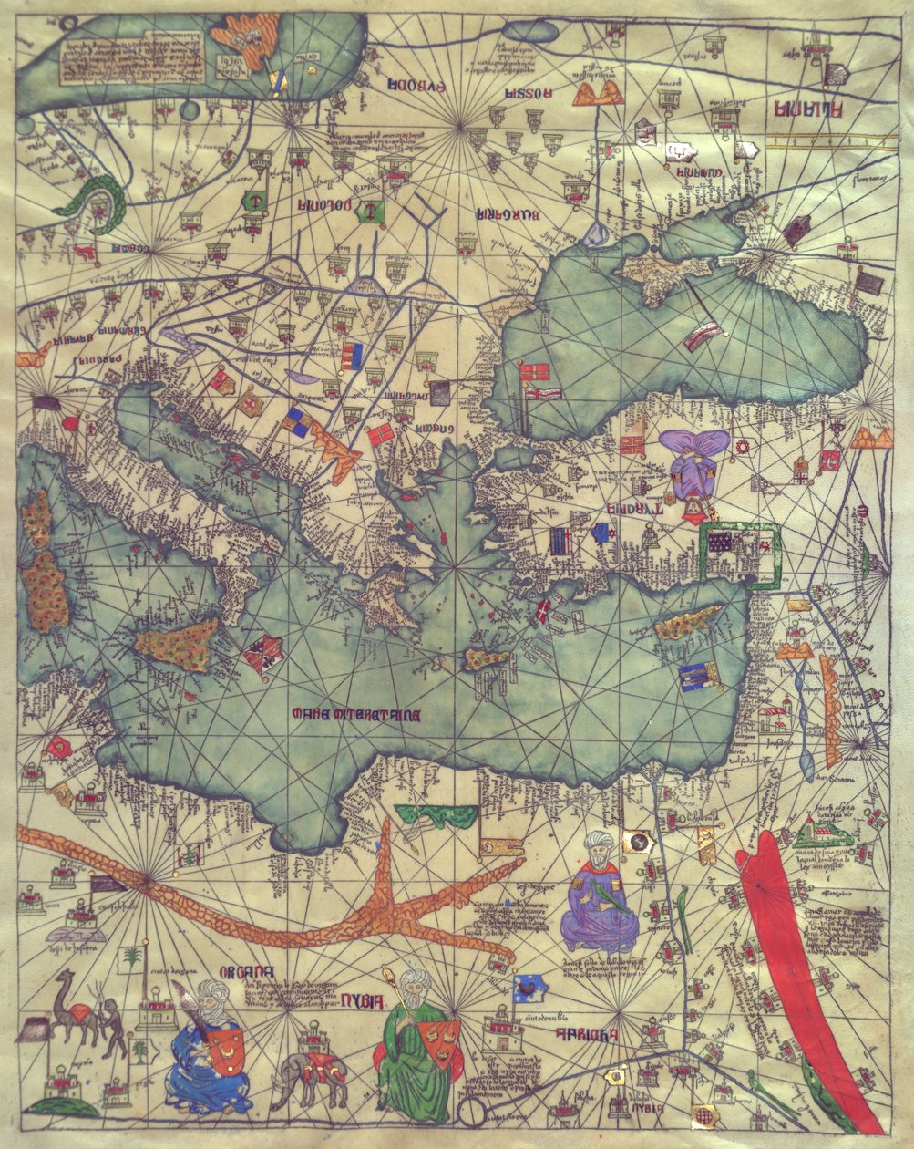 Map of Eastern Europe, View from the South. Catalan Atlas by Abraham Cresques