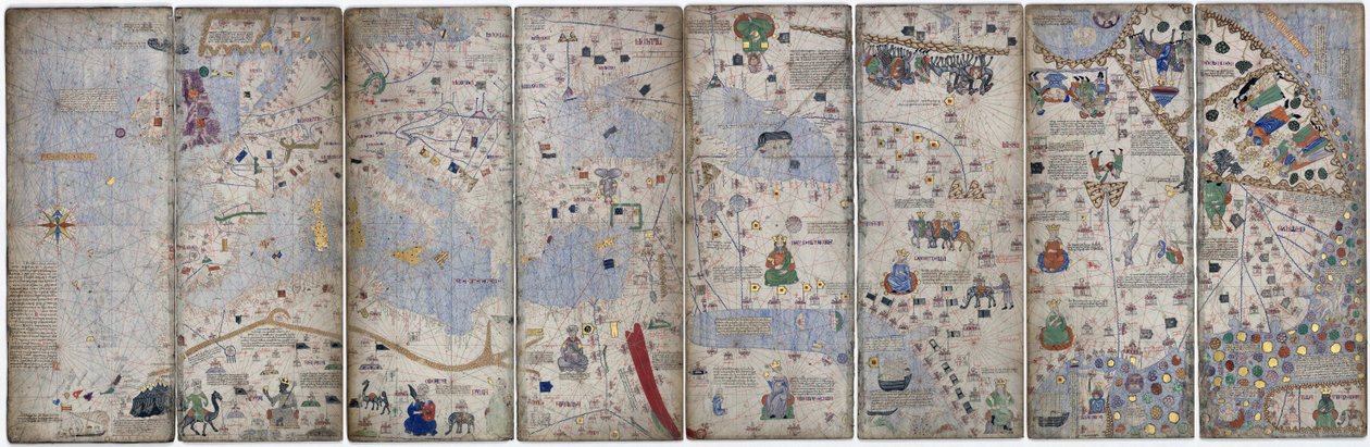Montage of 8 Pages from the Catalan Atlas by Cresques; the Then Known World by Abraham Cresques