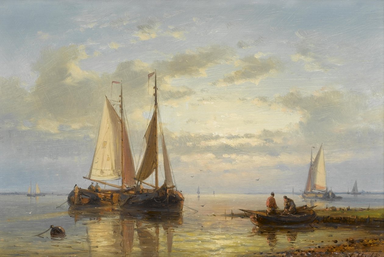 Fishing Boats Anchored in the Shallows at Dusk by Abraham Hulk