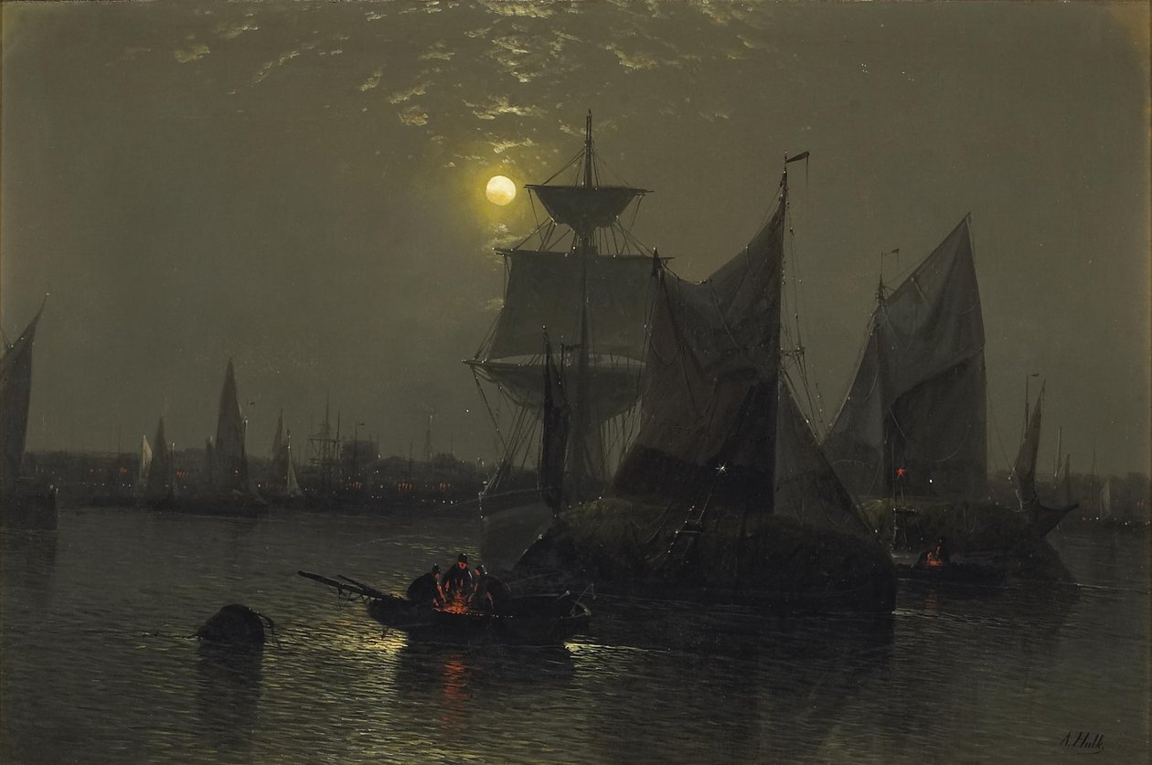 Sailing Vessels in a Moonlit Harbor with Fishermen and Their Boats in the Foreground by Abraham Hulk