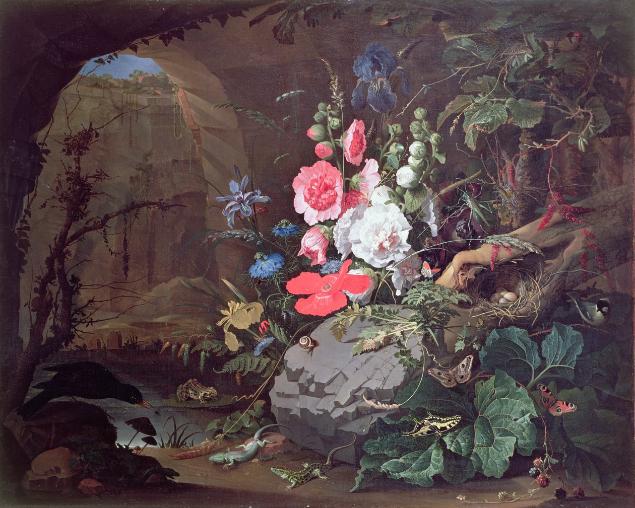 Flowers and Birds in a Cave by Abraham Mignon