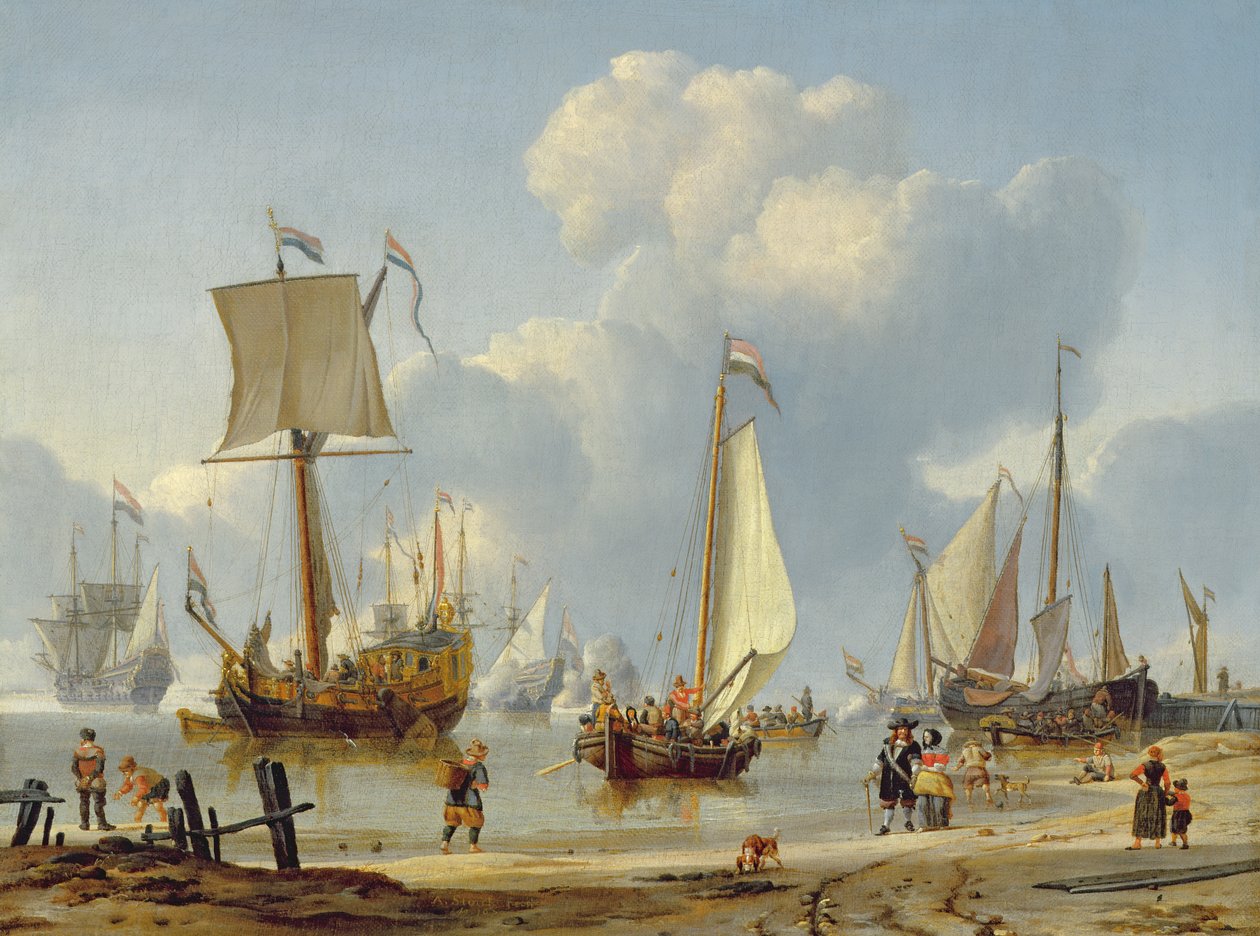Ships in Calm Water with Figures by the Shore by Abraham Storck