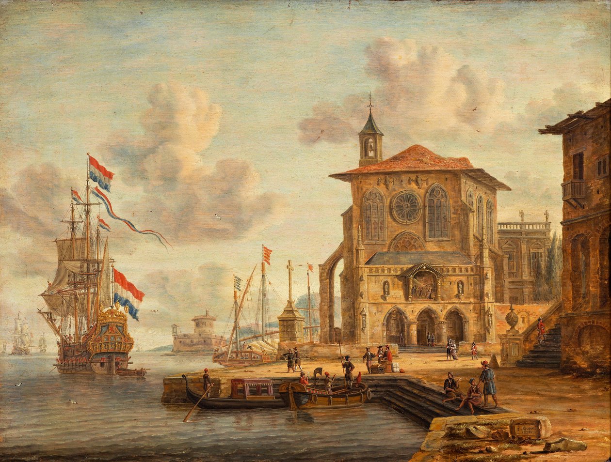 Harbour scene with medieval building by Abraham Storck