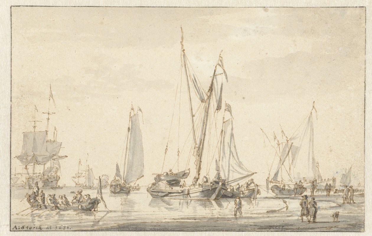 Beach Scene with Moored Ships by Abraham Storck