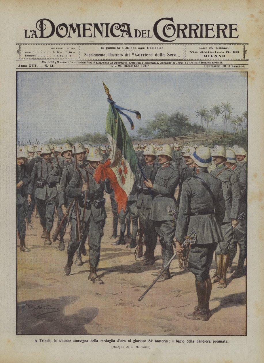 In Tripoli, the Solemn Presentation of the Gold Medal to the Glorious 84th Infantry, the Kiss of the Awarded Flag by Achille Beltrame