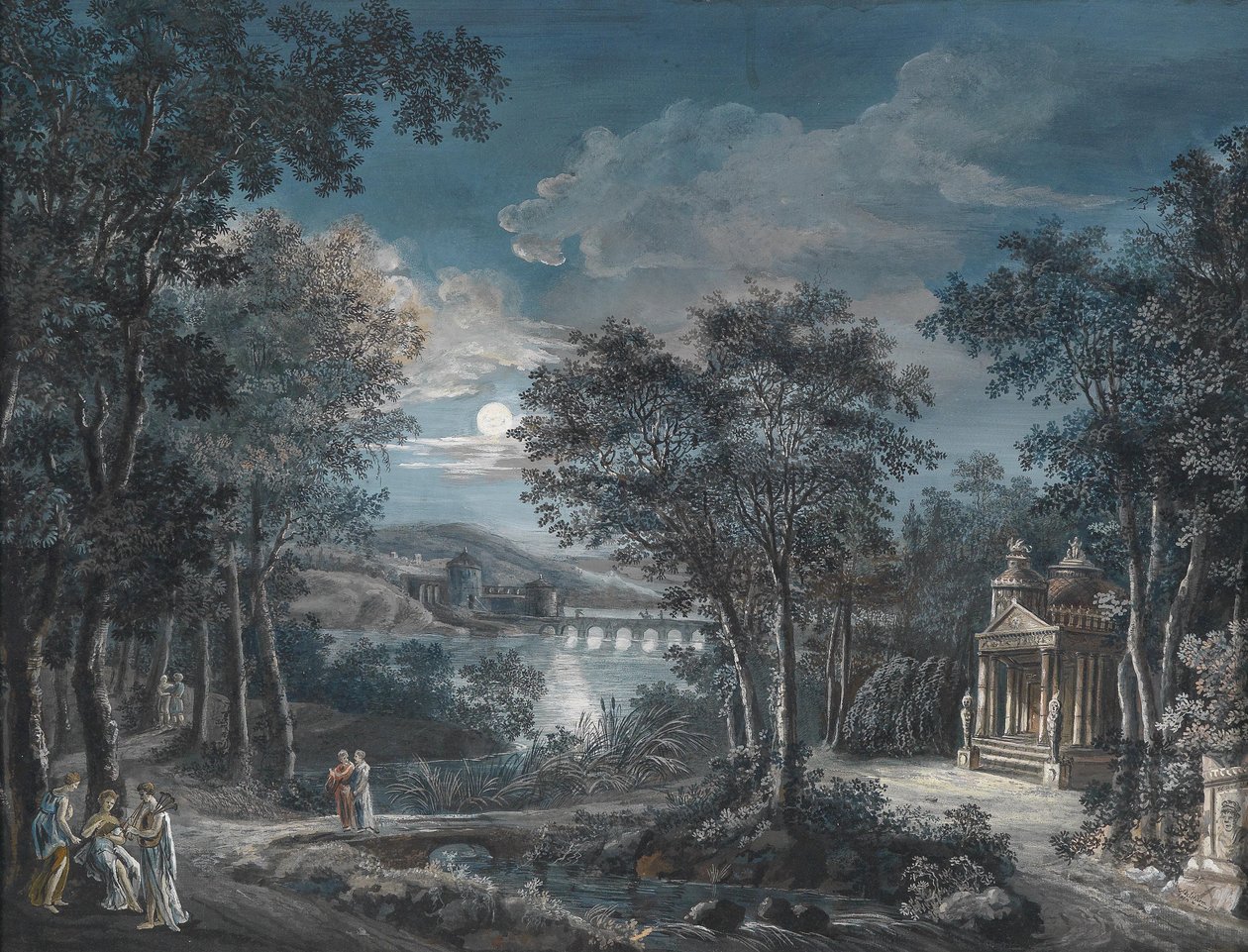 Park Landscape with a Tomb, Castle, and Bridge over a Pond in Moonlight by Adelsheim