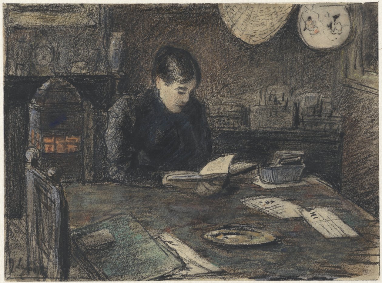 Woman Reading at a Table by Adolf le Comte