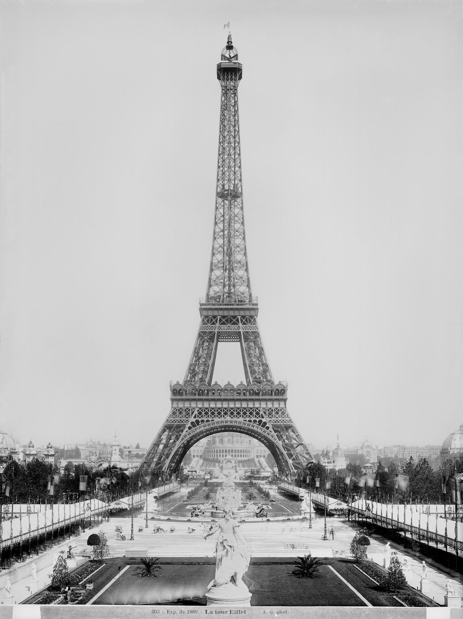 The Eiffel Tower photographed during the Universal Exhibition of 1889 in Paris, architect Gustave Eiffel by Adolphe Giraudon