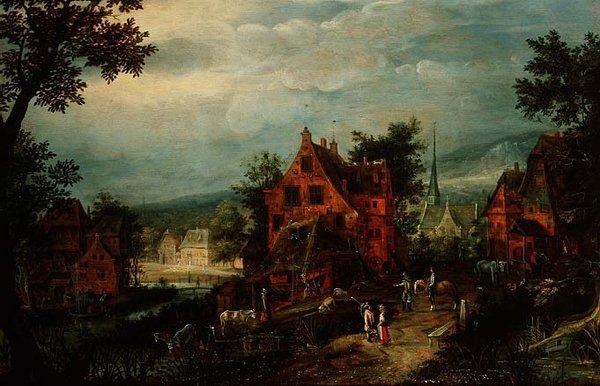 Village Landscape with Peasants by Adriaen van Stalbemt