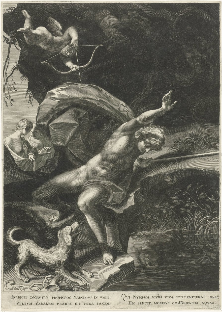 Narcissus at the Spring Hercules and Cerberus by Egidius  Sadeler (II)