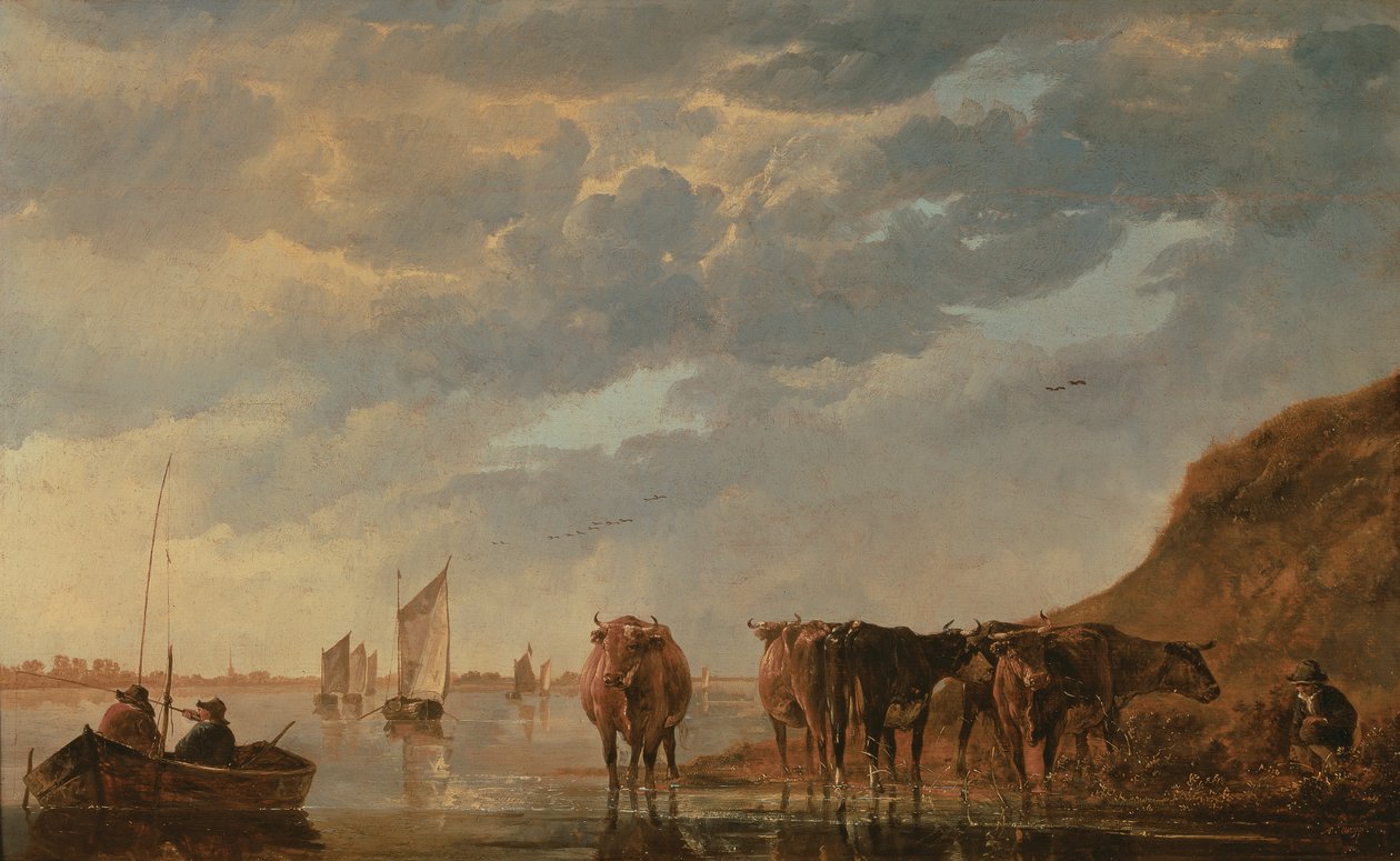 A herdsman with five cows by a river, c.1650 by Aelbert Cuyp