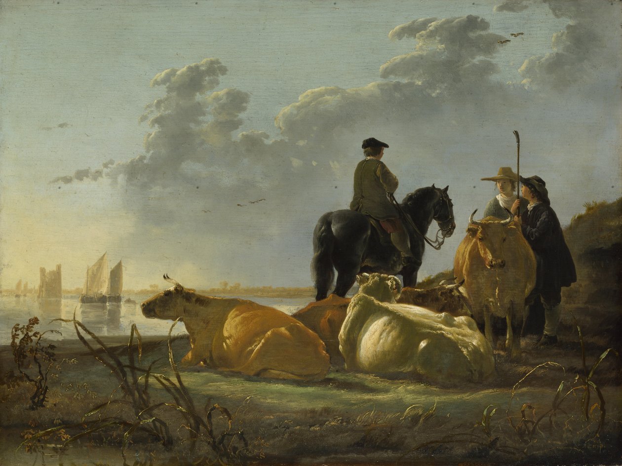 Peasants with Four Cows by the River Merwede by Aelbert Cuyp