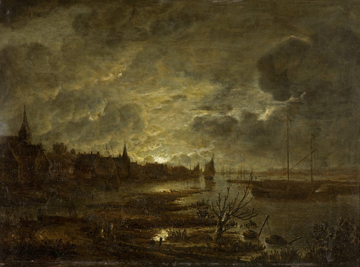 A Village on a River by Moonlight, c.1645-1700 by Aert van der Neer