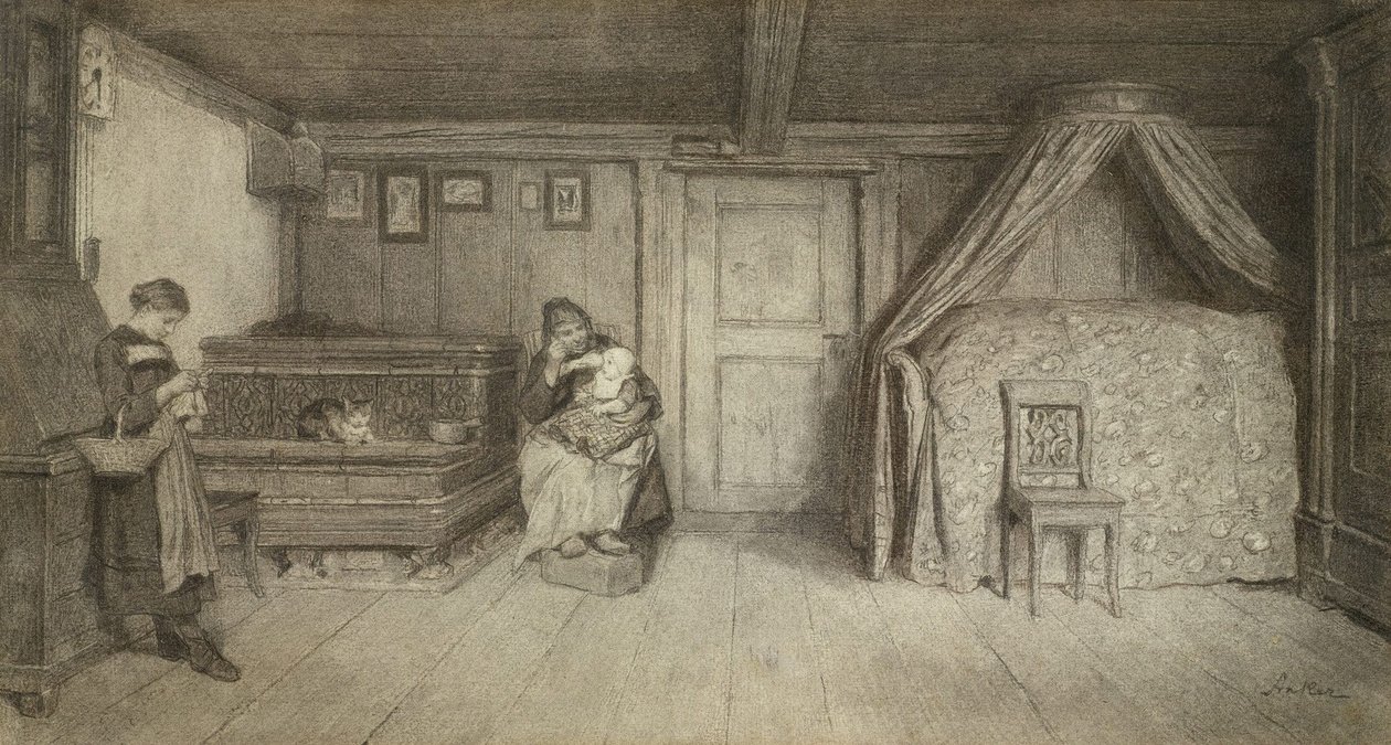 Family Scene in an Interior by Albert Anker