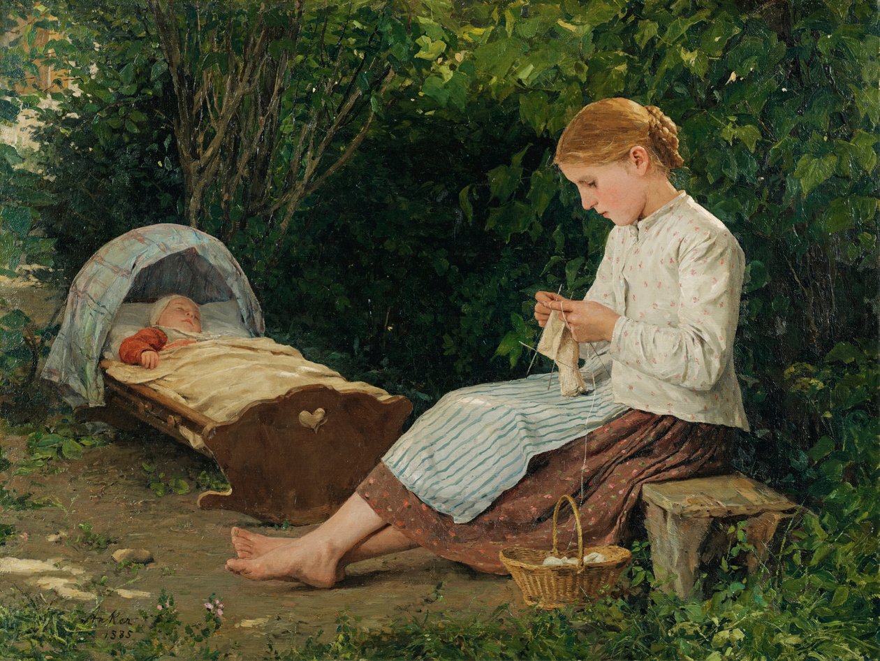 Knitting Girl Watching Over an Infant in the Cradle by Albert Anker