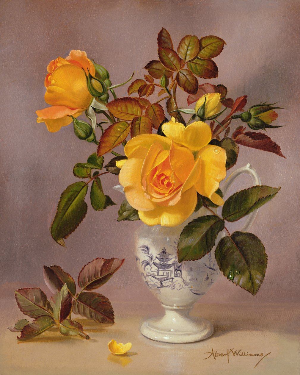 Orange Roses in a Blue and White Jug by Albert Williams