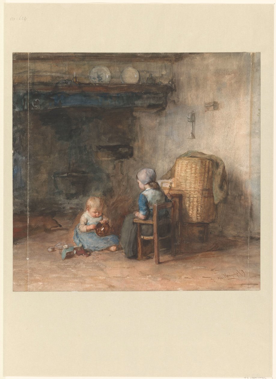 Two Children in a Peasant Interior by Albert  Neuhuys