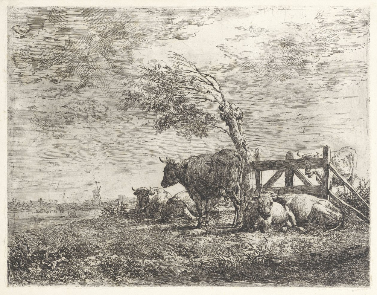 Cows by a Fence and a Pollard Willow by Albertus Verhoesen