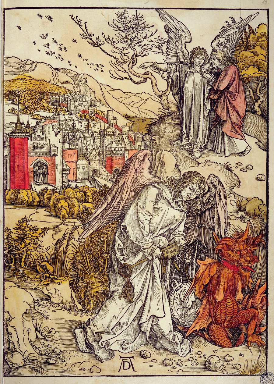 Angel with the Key of the Abyss (colour woodcut) by Albrecht Dürer