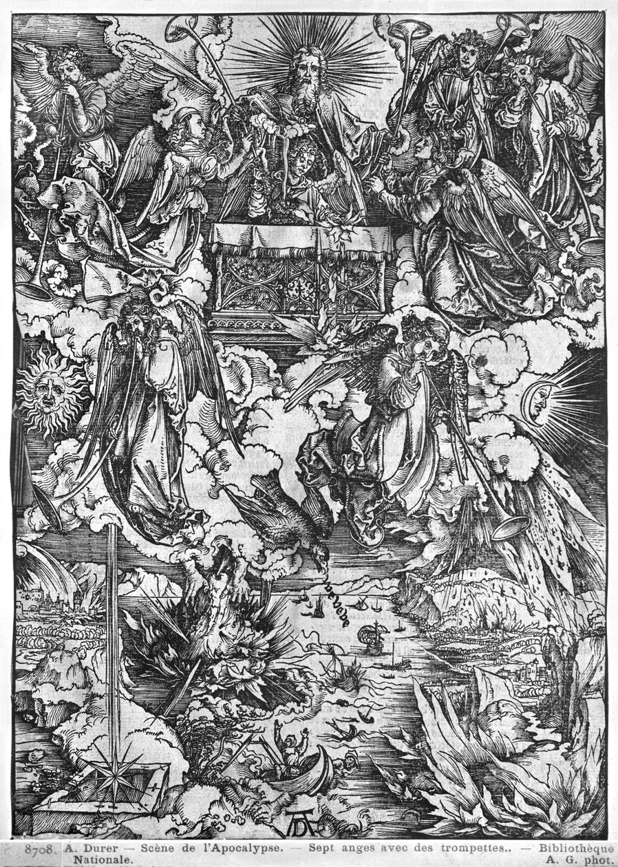 Scene from the Apocalypse, The Opening of the Seventh Seal, The Seven Angels with the trumpets, Latin edition, 1511 by Albrecht Dürer