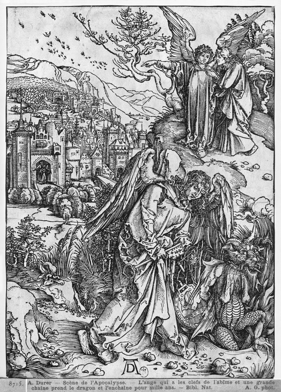 Scene from the Apocalypse, The Angel Holding the Keys of the Abyss and a Big Chain, Enchains the Dragon for a Thousand Years by Albrecht Dürer