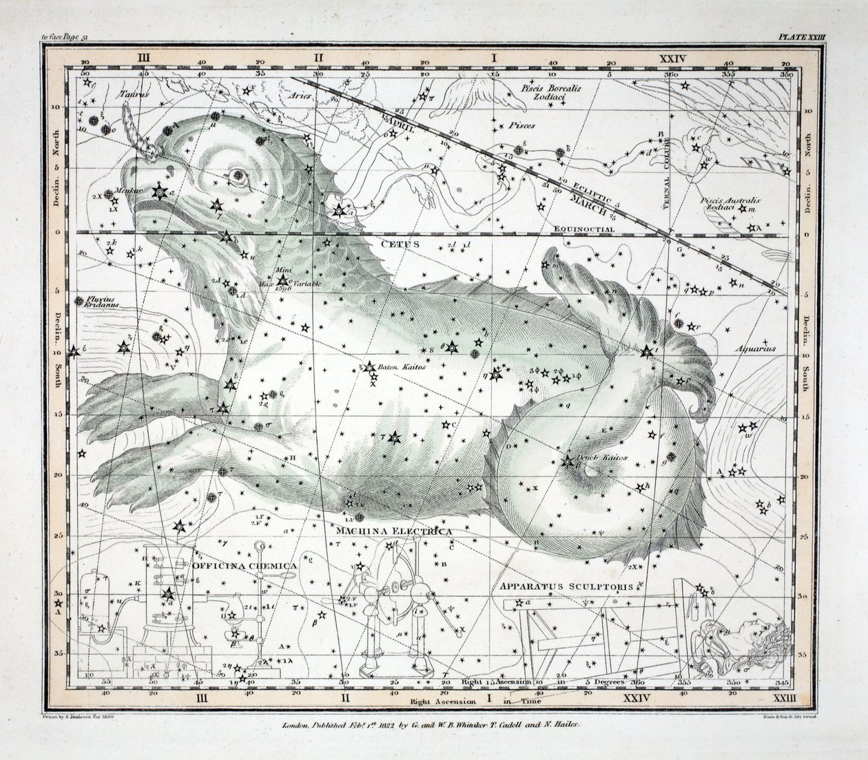 The Constellations (Plate XXIII) Cetus, Officina Sculptoris, Machina Electrica, Fornax Chemica, from 