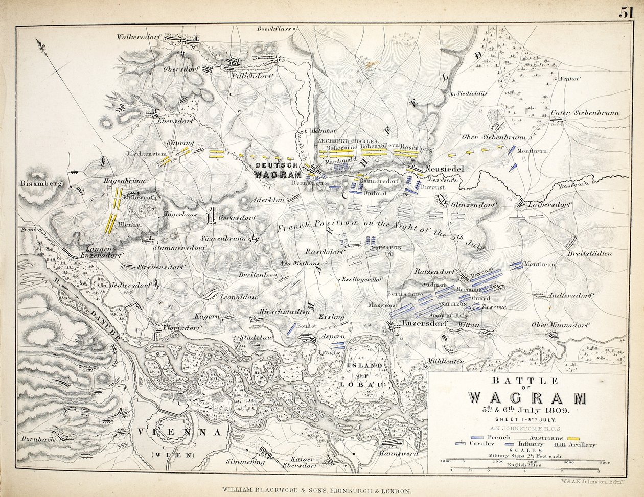 Map of the Battle of Wagram, published by William Blackwood and Sons, Edinburgh and London, 1848 by Alexander Keith Johnston