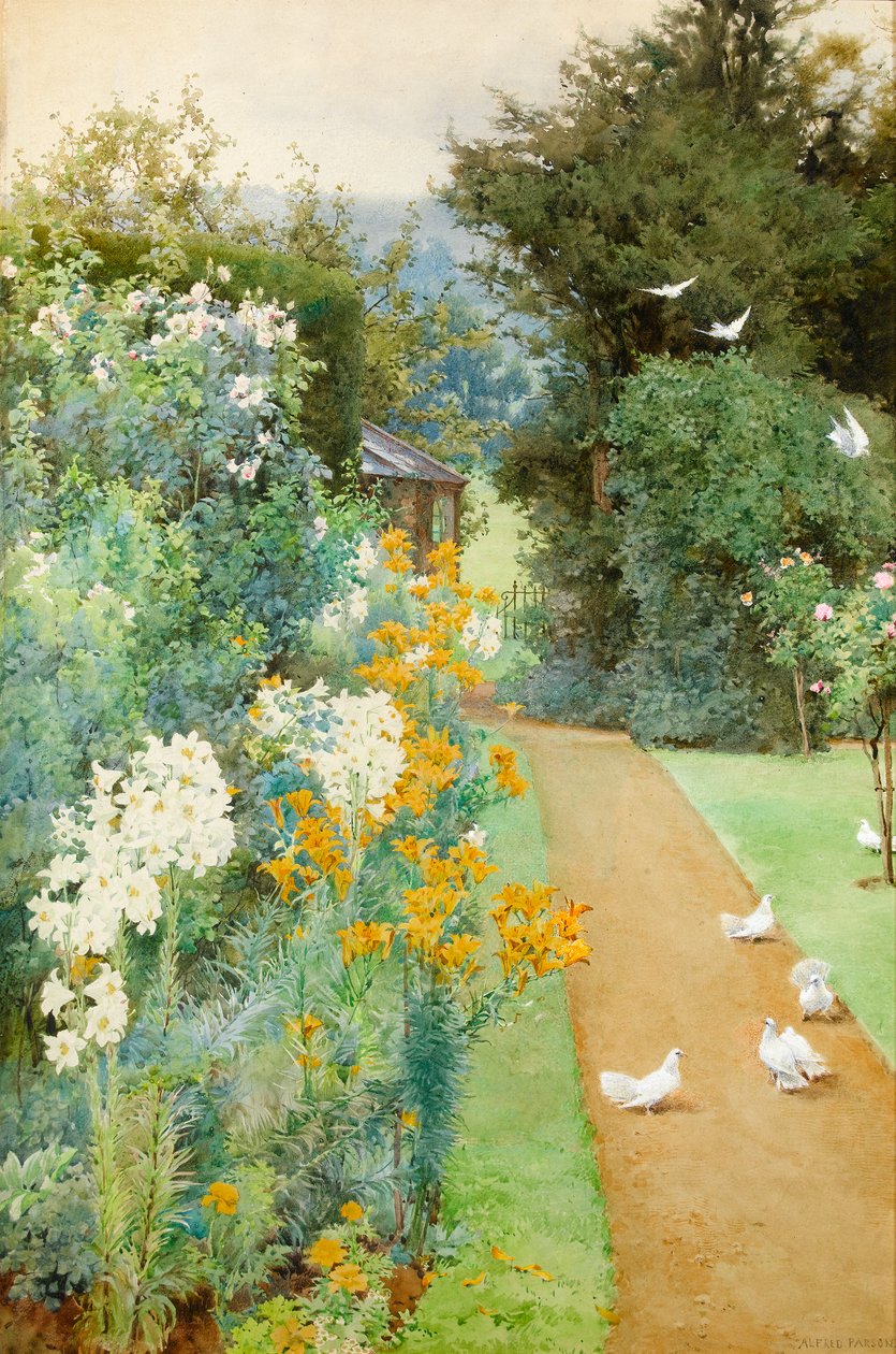 Lilies and Doves in a Corner of my Garden by Alfred Parsons