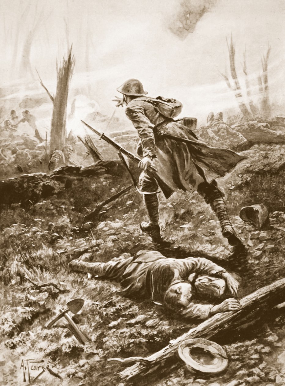 Private T.G. Turrall Guarding a Wounded Officer and Holding His Ground Amid Machine-Gun Fire and Bombs by Alfred Pearse