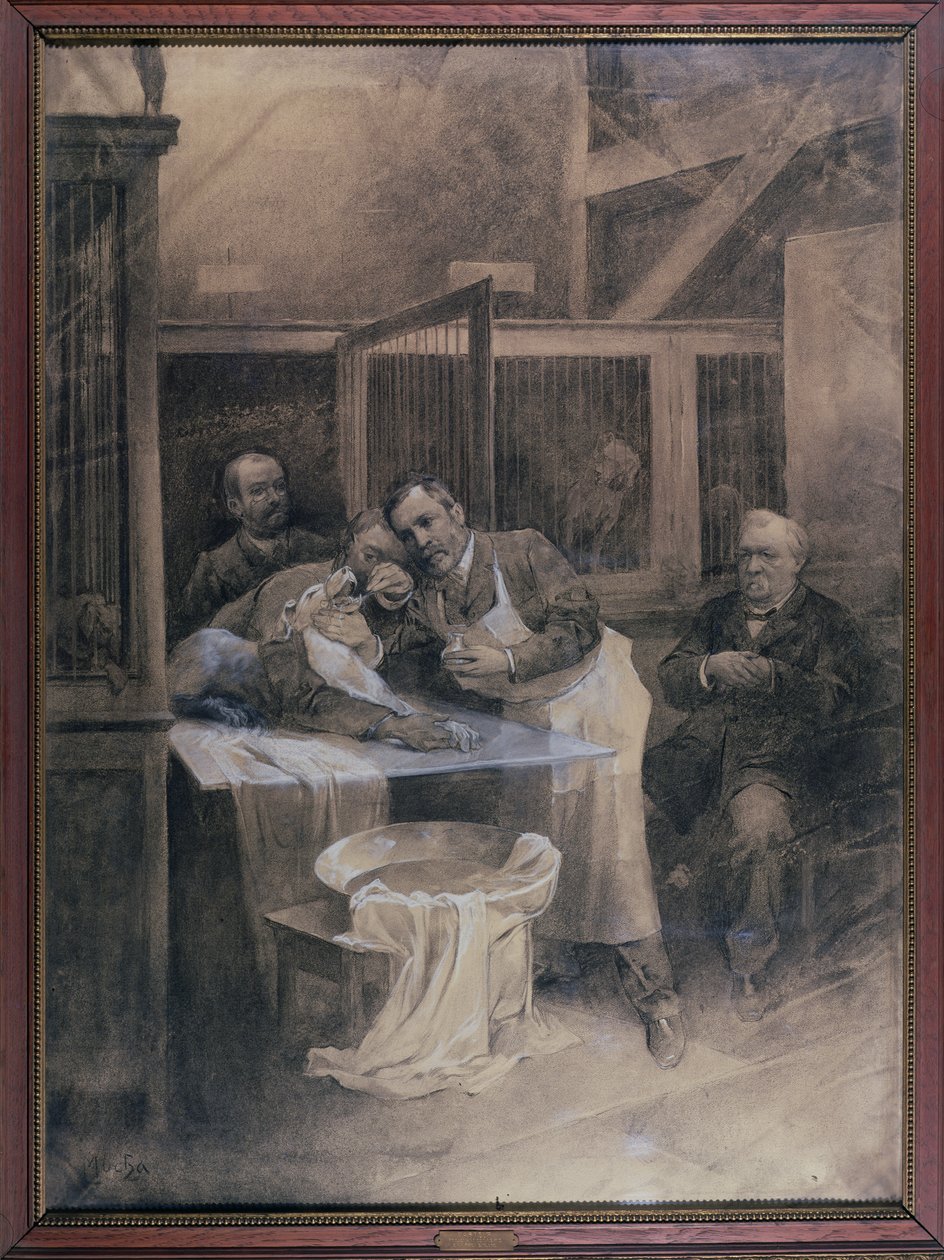 Louis Pasteur taking a sample of foam from a rabid dog by Alphonse Mucha