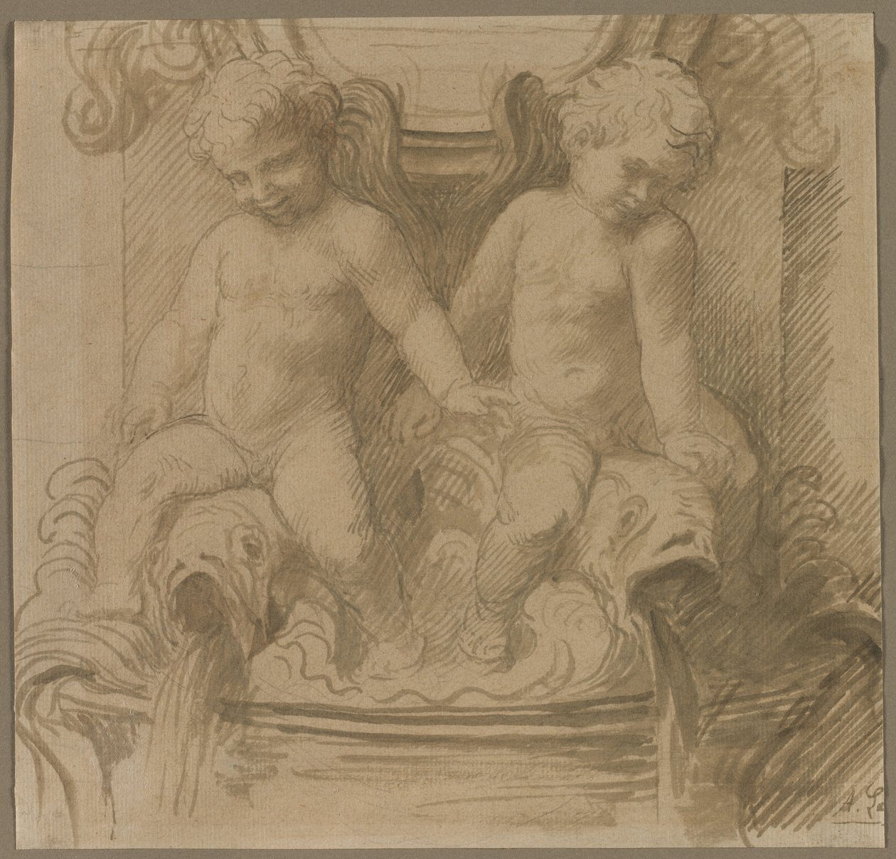 Fountain with Putti Riding Dolphins by Alphonse Legros