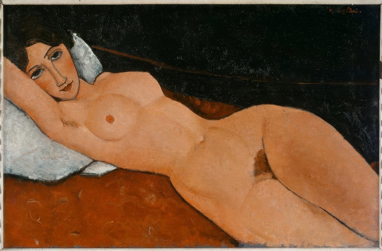 Reclining Nude Woman on White Cushion by Amedeo Modigliani