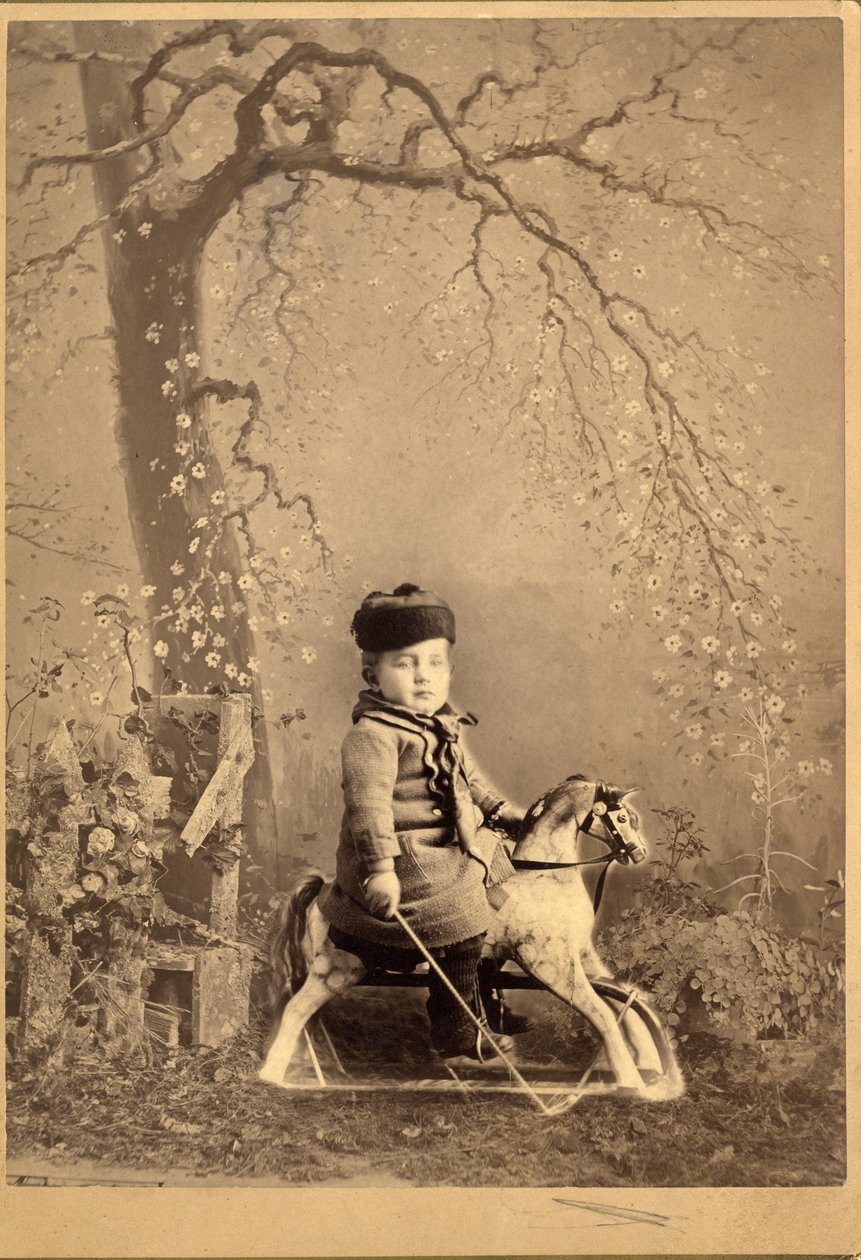 Young Boy Seated on a Rocking Horse with Large Painted Backdrop, 1880s by American Photographer