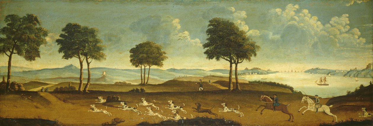Hunting scene with a harbour by American School