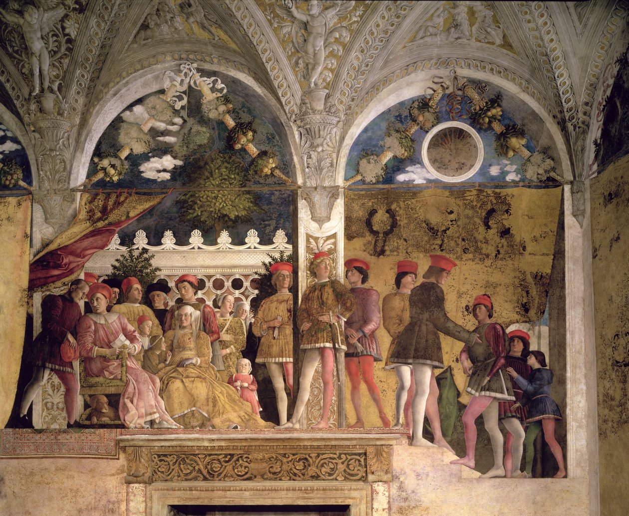 Marchese Ludovico Gonzaga III of Mantua, His Wife Barbara of Brandenburg, Children, Courtiers and Their Dog Rubino, from the Camera degli Sposi or Camera Picta (detail) by Andrea Mantegna