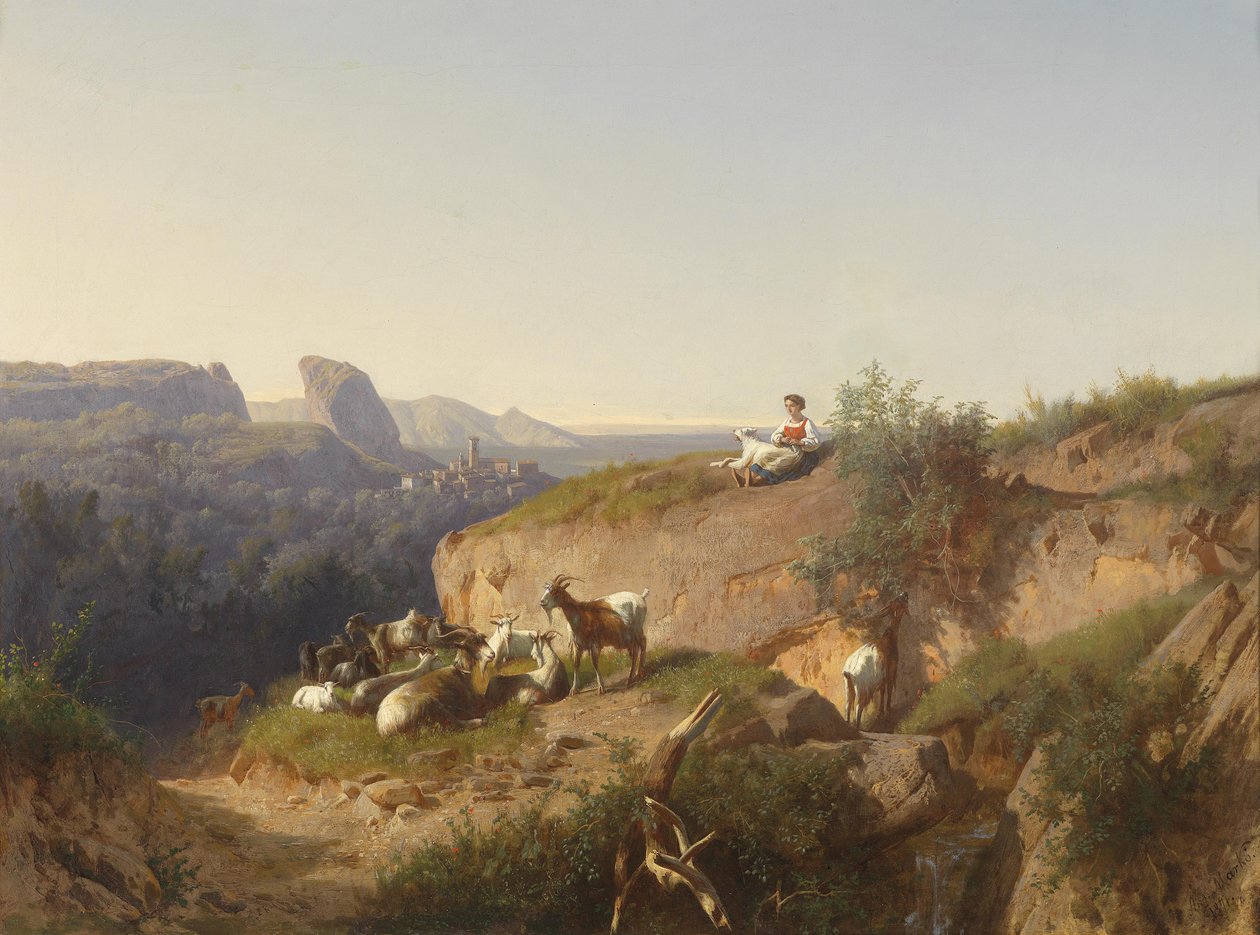 Goatherd with Herd in an Italian Landscape by Andreas Marko